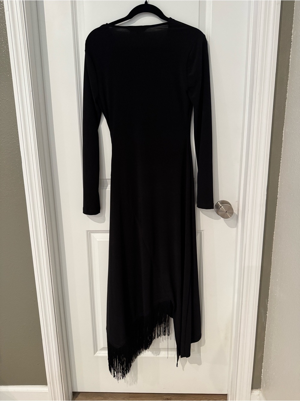 BCBGMaxAzria Black Asymmetrical Fringe Hem Long Sleeve Dress